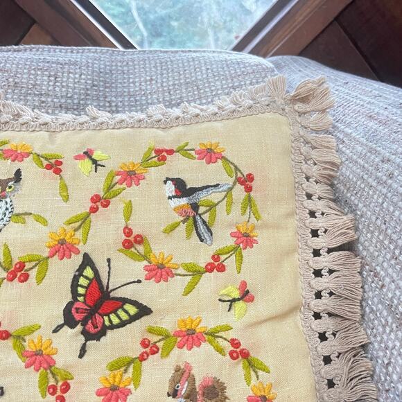 Vintage Crewel Embroidered Throw Pillow, Woodland Needlepoint - Picture 3 of 10